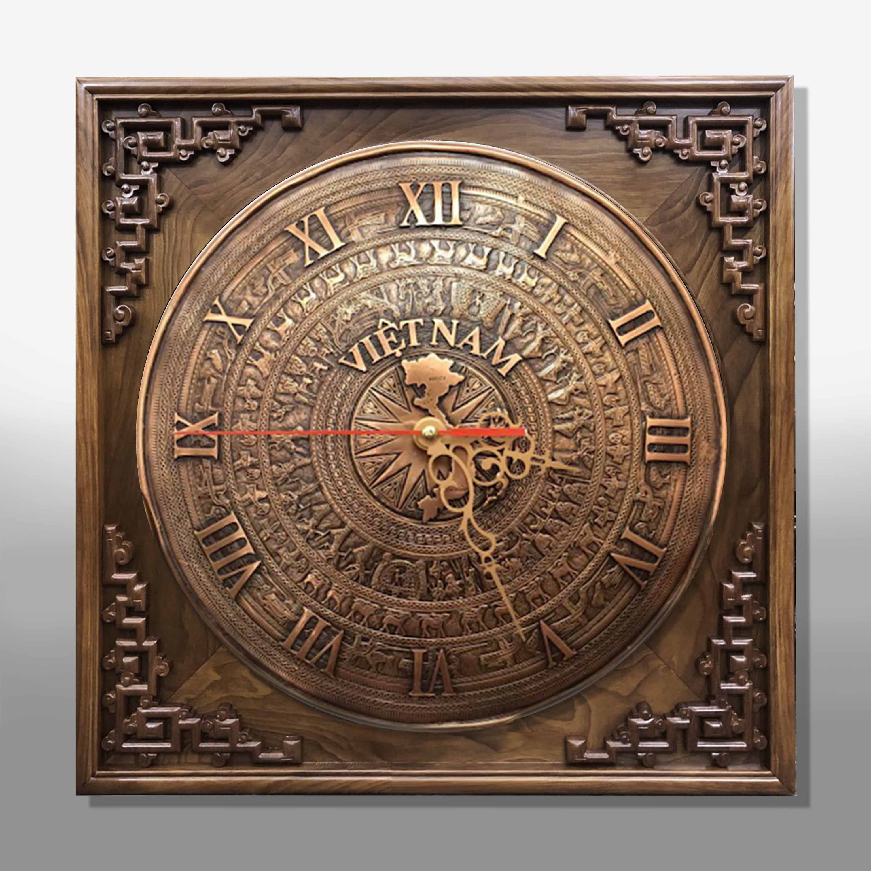 Đồng hồ treo tường hoạ tiết mặt trống đồng giả cổ  và bản đồ Việt Nam - DTT43LHFU